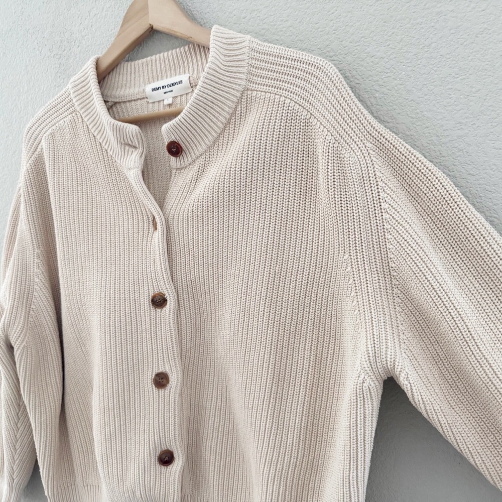 Demy by Demylee Audrey Cardigan Sweater Large Cream Fisherman Chunky Minimalist - Picture 8 of 11